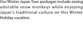Our Winter Japan Tour packages include seeing adorable snow monkeys while enjoying Japan's traditional culture on this Winter Holiday vacation.