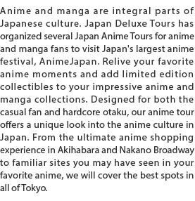Anime and manga are integral parts of Japanese culture. Japan Deluxe Tours has organized several Japan Anime Tours for anime and manga fans to visit Japan's largest anime festival, AnimeJapan. Relive your favorite anime moments and add limited edition collectibles to your impressive anime and manga collections. Designed for both the casual fan and hardcore otaku, our anime tour offers a unique look into the anime culture in Japan. From the ultimate anime shopping experience in Akihabara and Nakano Broadway to familiar sites you may have seen in your favorite anime, we will cover the best spots in all of Tokyo.