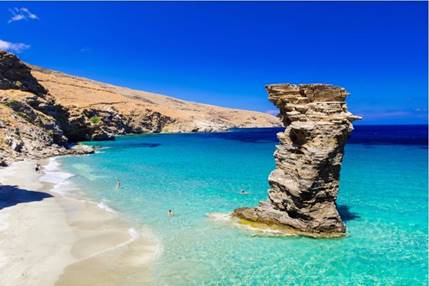 A beach with a rock formation in the water

AI-generated content may be incorrect.